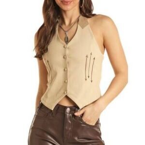 Rock & Roll Denim Women’s Embroidered Button Up Vest Beige NWT